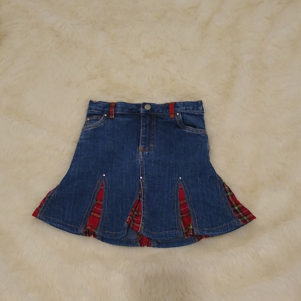 The Children's Place Blue Denim Skirt with Red Plaid Accents